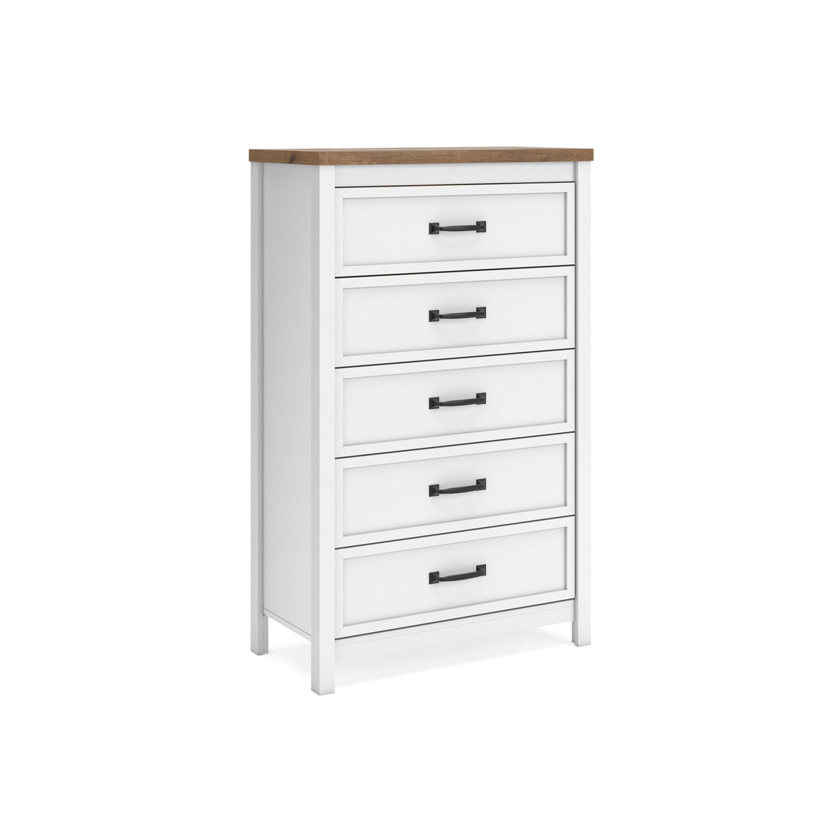 White five-drawer chest with brown top and black bar drawer pulls