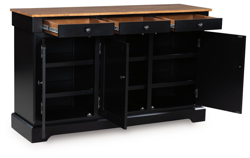 Dining room buffet cabinet with open black doors revealing shelves and drawers