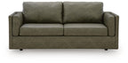 Olive green fabric sofa with center back seam and two seat cushions