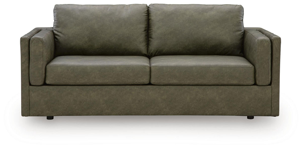 Olive green fabric sofa with center back seam and two seat cushions
