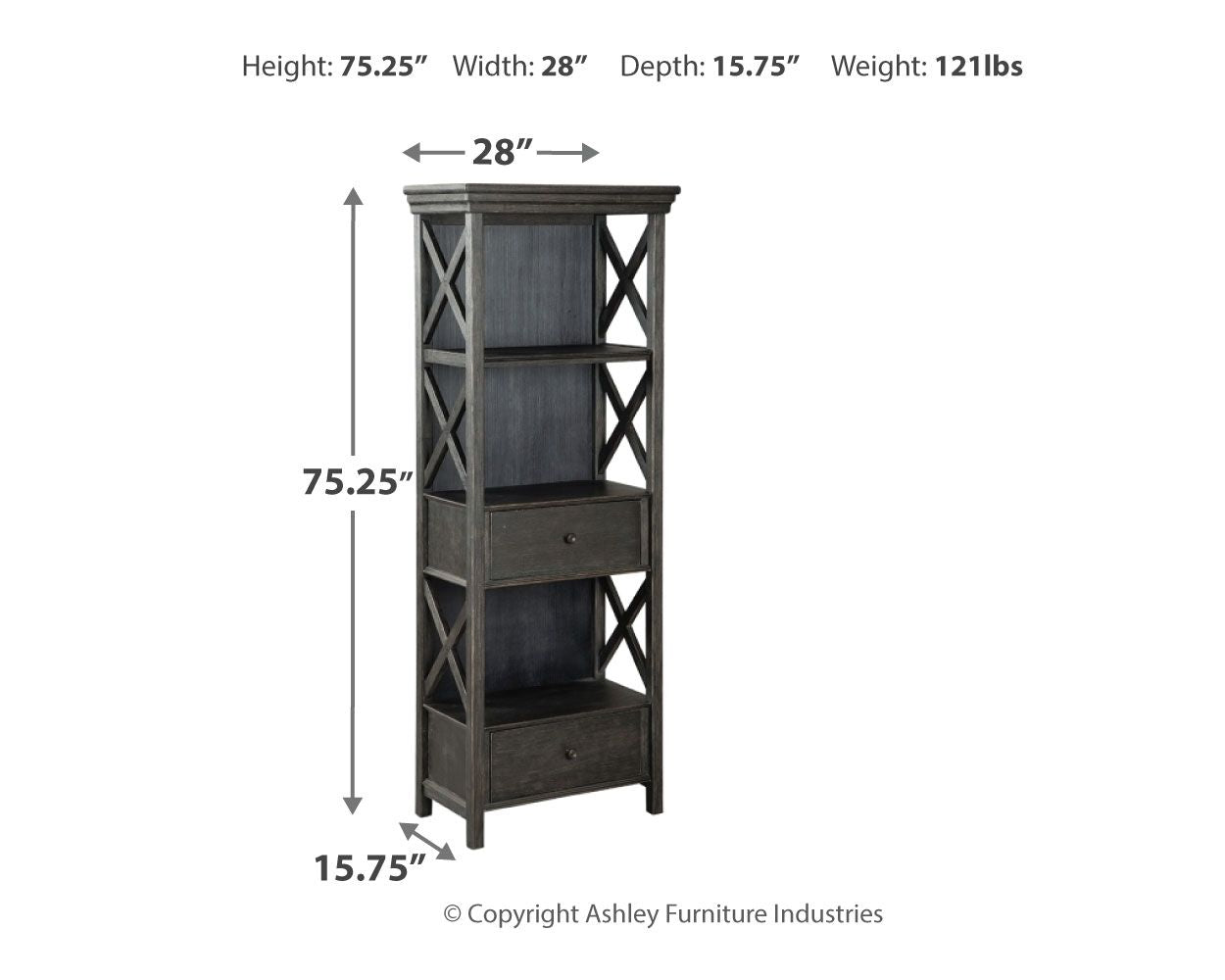 Dark gray display cabinet silhouette with open shelves and drawers