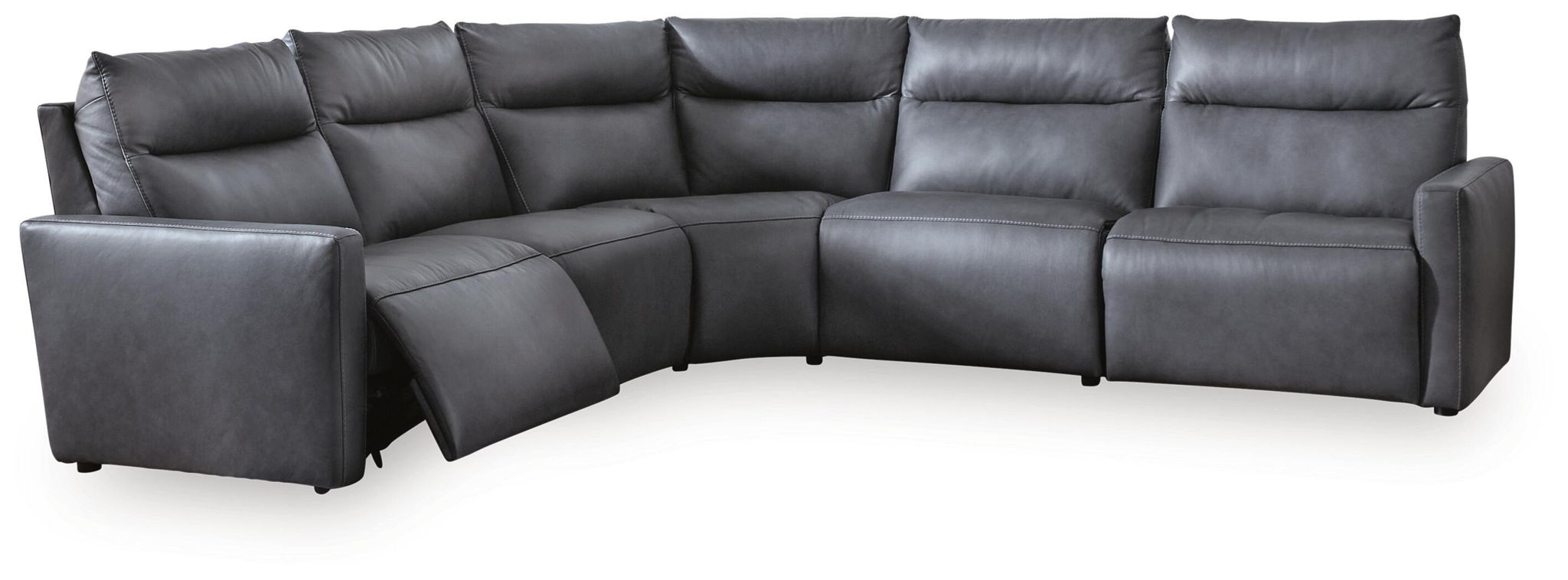 Gray power reclining sectional with chaise-style seat and tufted back cushions