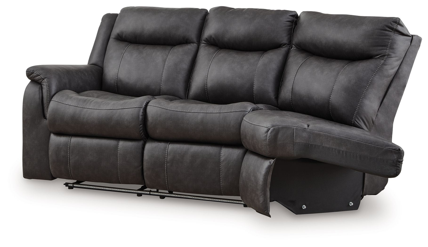 Dark gray reclining loveseat with high back cushions, padded track arms, and footrest