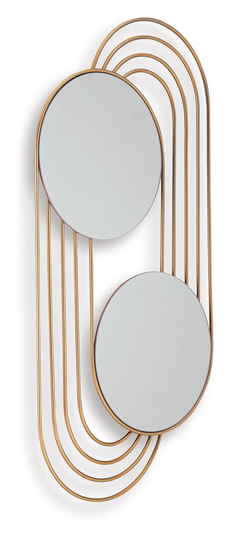 Gold-finish accent wall mirror with two round mirrored panels and layered arched bars