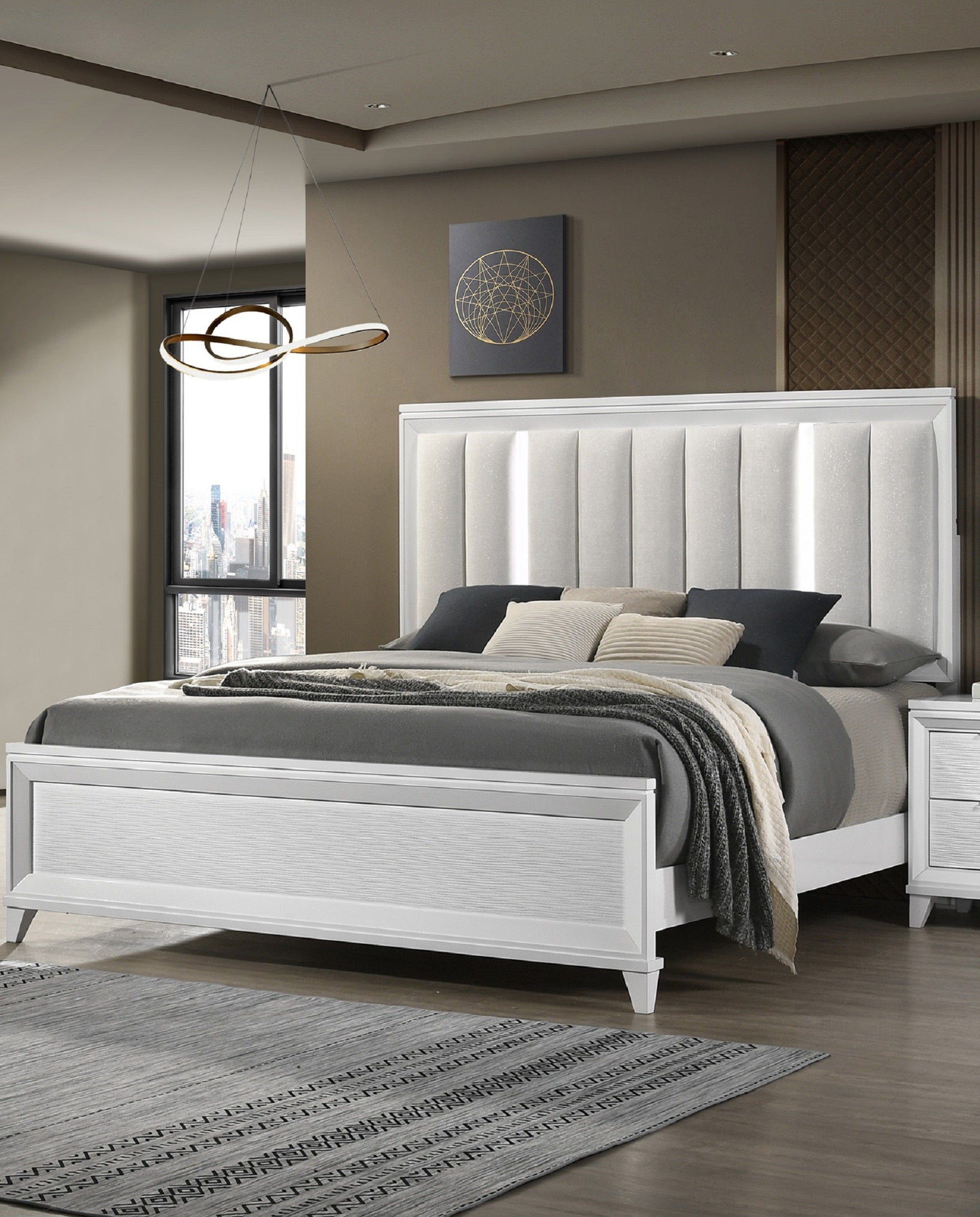 Modern King LED Linen Upholstered Panel Bed White Solid Wood