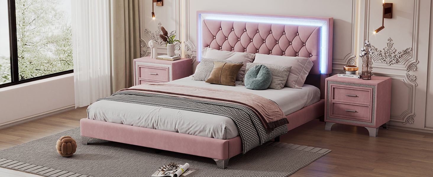 Pink Queen Upholstered Bed Set w/ LED Lights & Nightstands