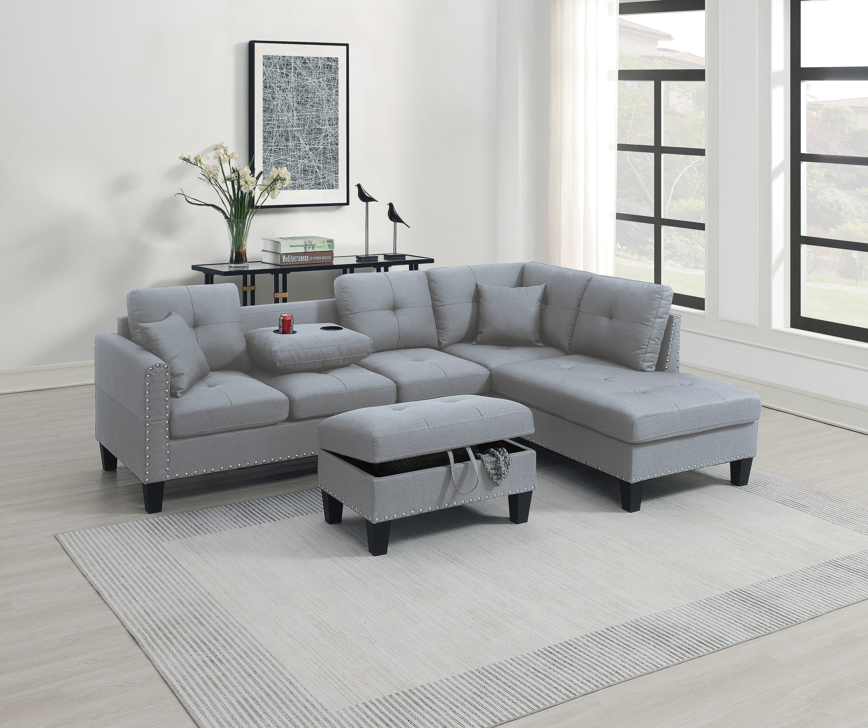 Taupe Grey 3-Piece L Shaped Sectional Sofa w/ Storage Ottoman
