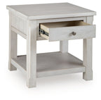 White table with open drawer and lower shelf, square top