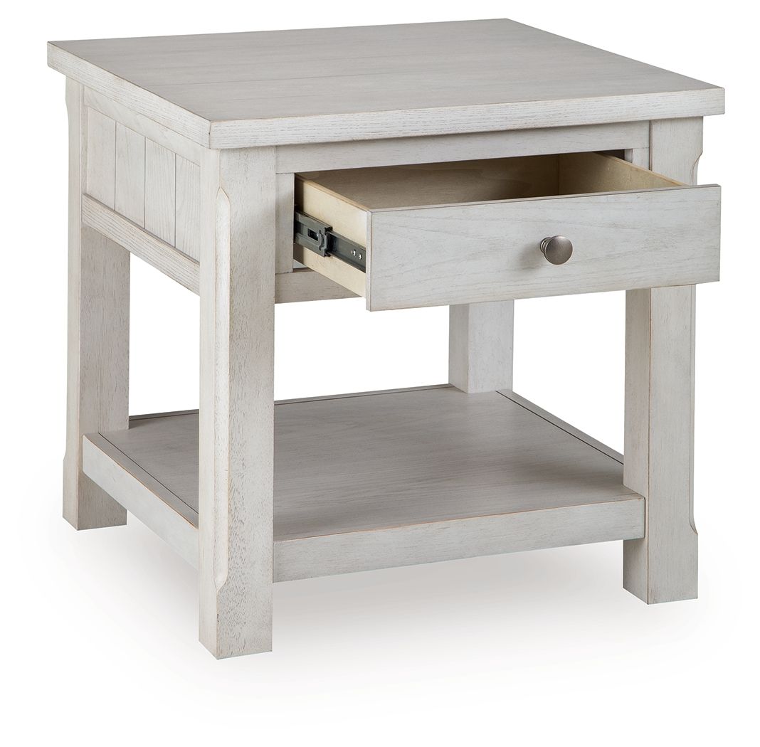 White table with open drawer and lower shelf, square top