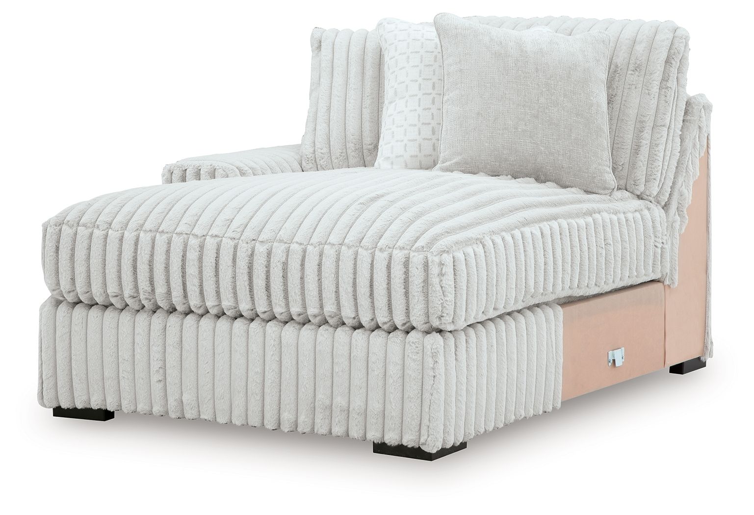 White corner chaise with ribbed upholstery, two back cushions, and wood-toned side panel