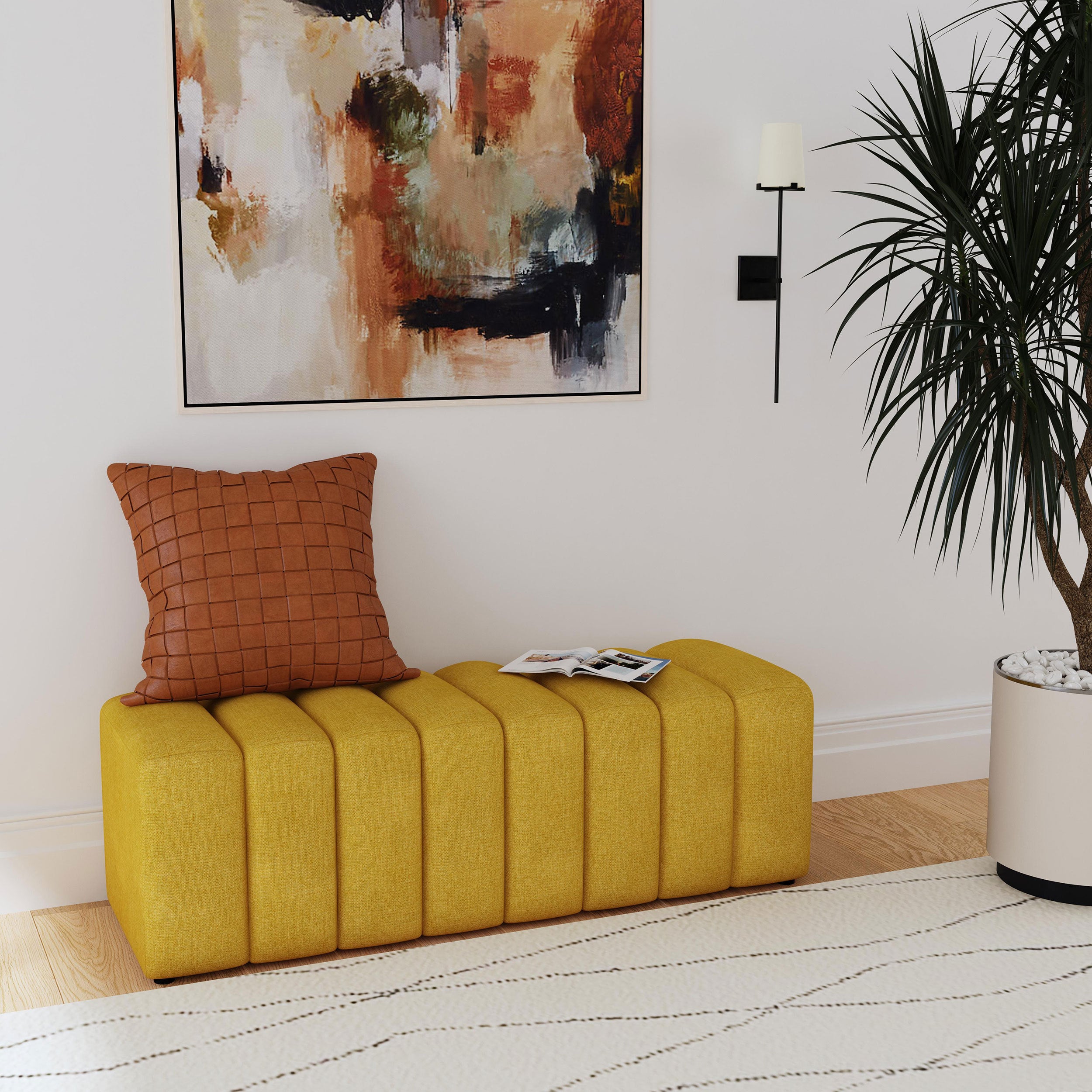 DelSur Mustard Yellow Tufted Fabric Accent Bench Entry