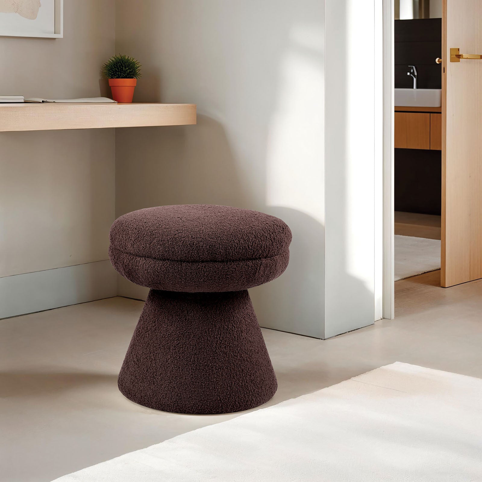 Contemporary Brown Teddy Fabric Mushroom Accent Stool