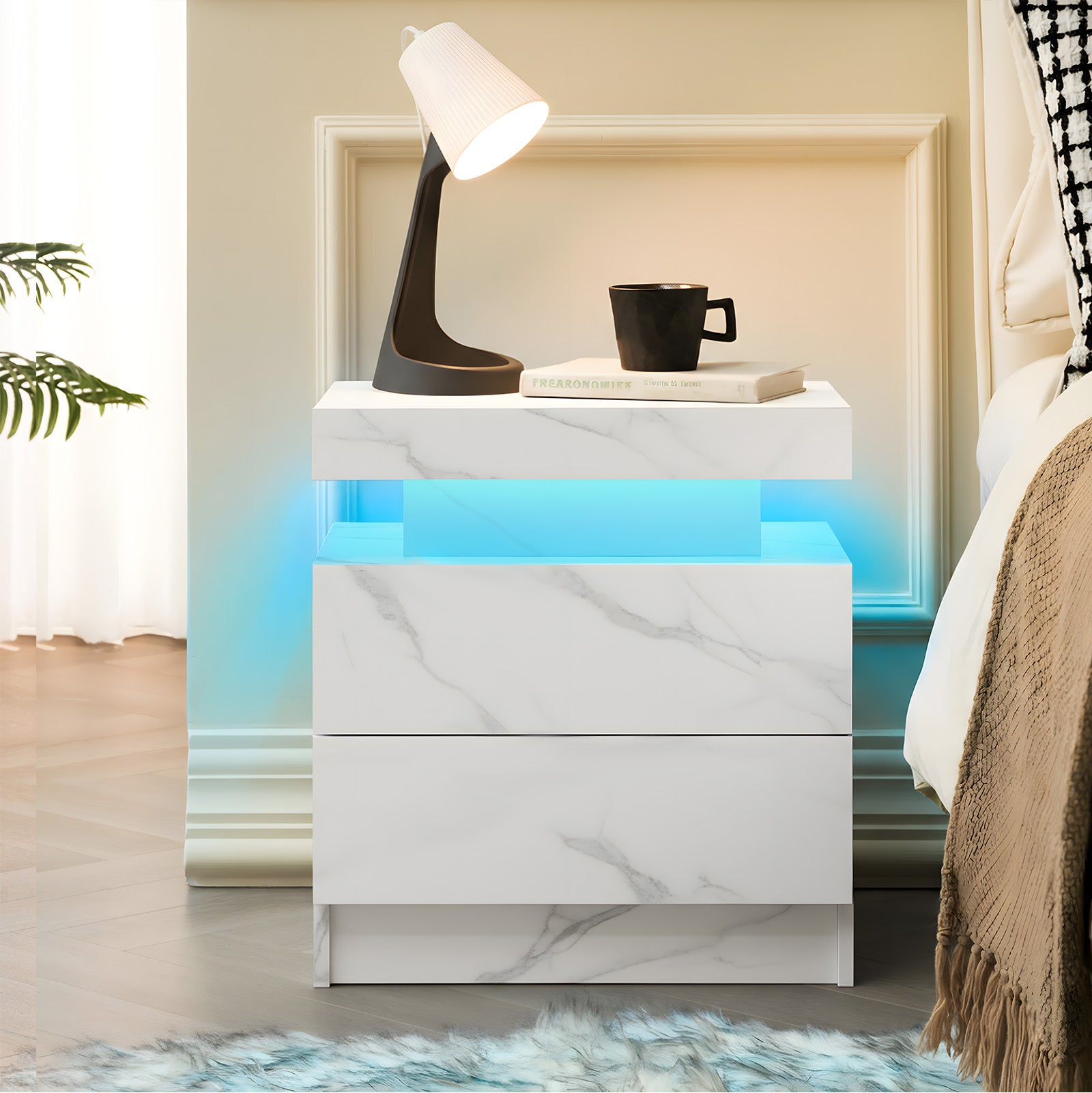 Modern White LED Nightstand Bedside Table with 2 Drawers