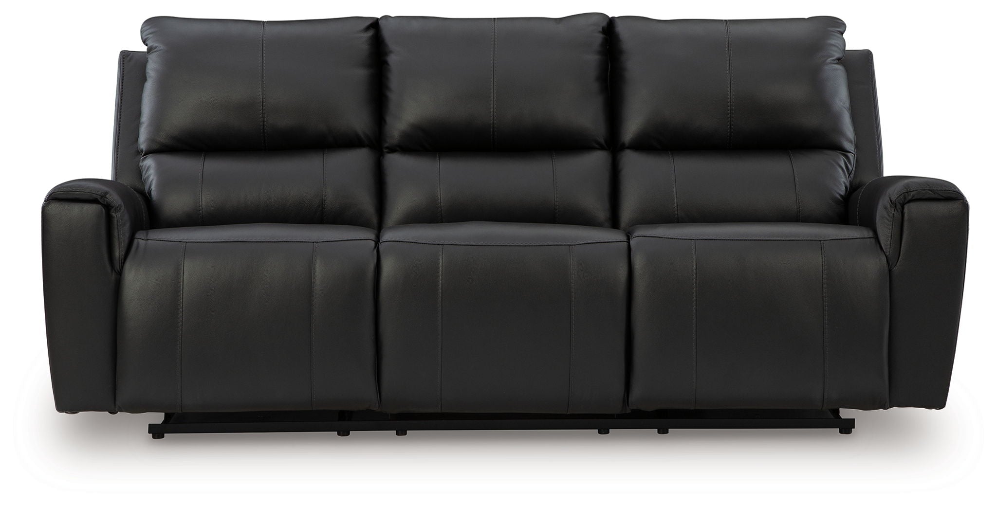Black reclining sofa with tufted backrest and wide padded armrests