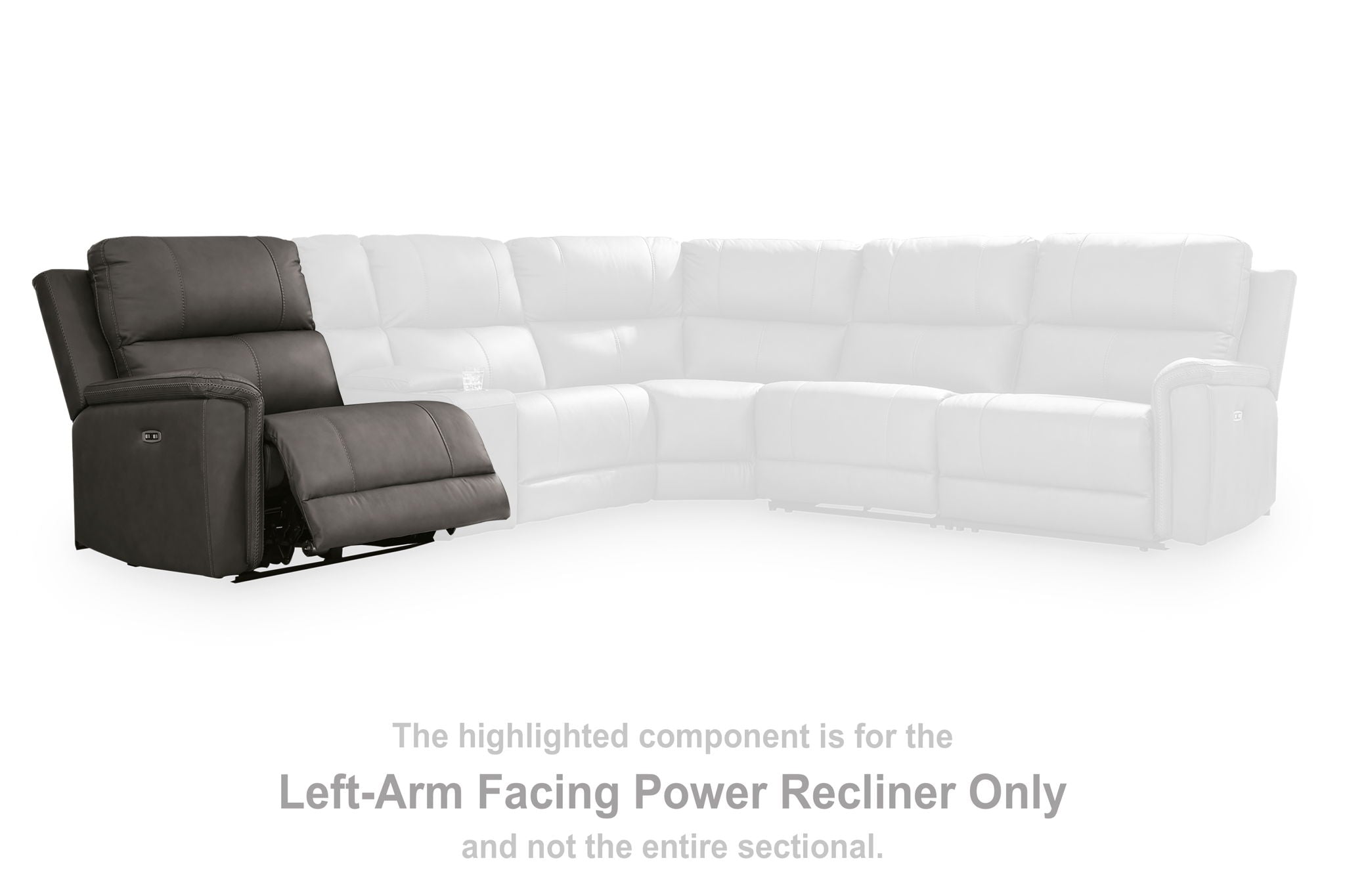 Left-arm facing power recliner module of a gray sectional sofa, highlighted component