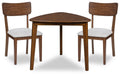 Brown dining table with two upholstered chairs, wooden frames and light gray seats