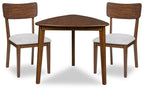 Brown dining table with two upholstered chairs, wooden frames and light gray seats