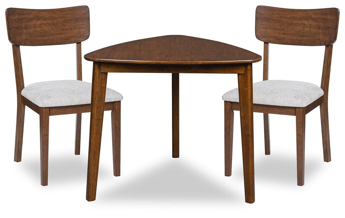 Brown dining table with two upholstered chairs, wooden frames and light gray seats