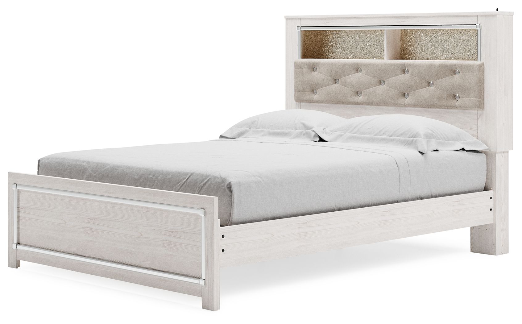 Queen panel bed with white wood rails and padded tufted headboard