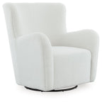 White swivel glider accent chair with rounded arms, cushioned back, and circular swivel base