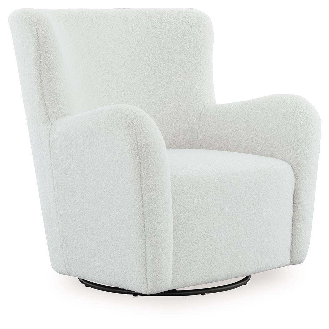 White swivel glider accent chair with rounded arms, cushioned back, and circular swivel base