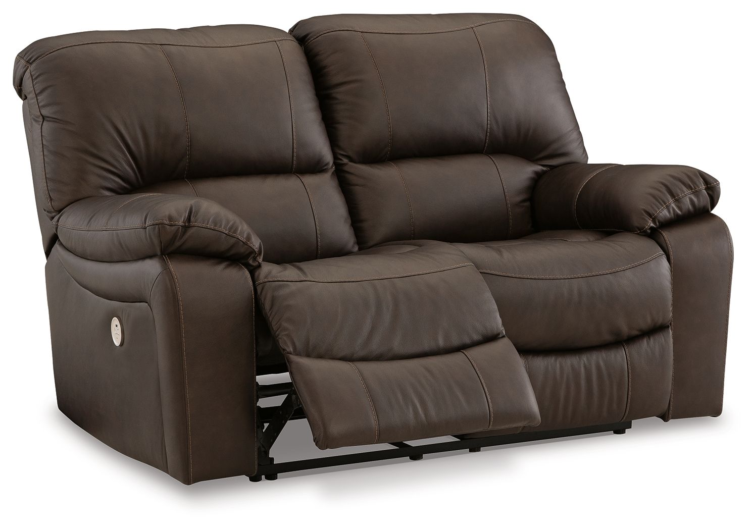 Power reclining loveseat, brown faux leather with curved arms and reclining footrest
