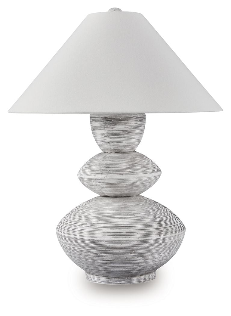 Distressed white table lamp with fabric shade and stacked round base
