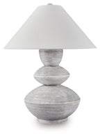 Distressed white table lamp with fabric shade and stacked round base