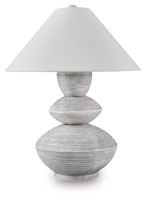 Distressed white table lamp with fabric shade and stacked round base
