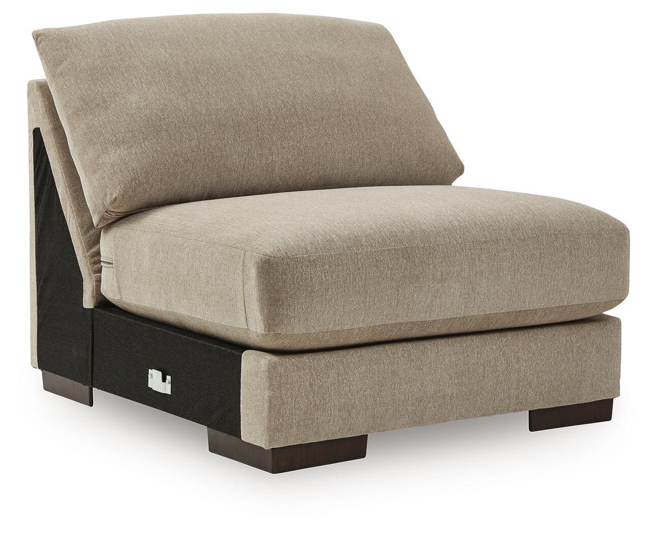 Beige upholstered armless chair with padded seat and dark wood legs