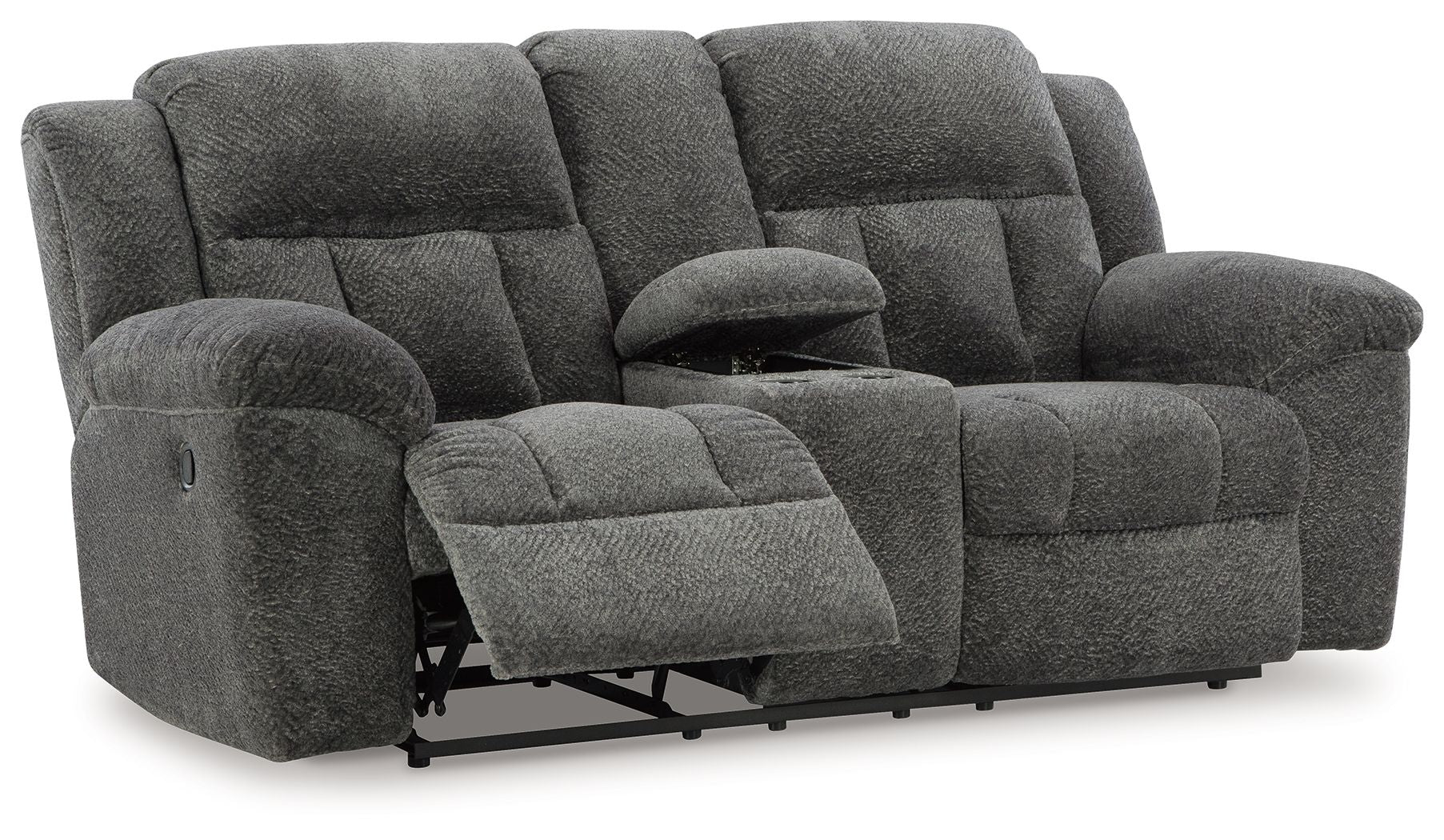 Dark gray double reclining loveseat with extended footrests and tufted seat cushions
