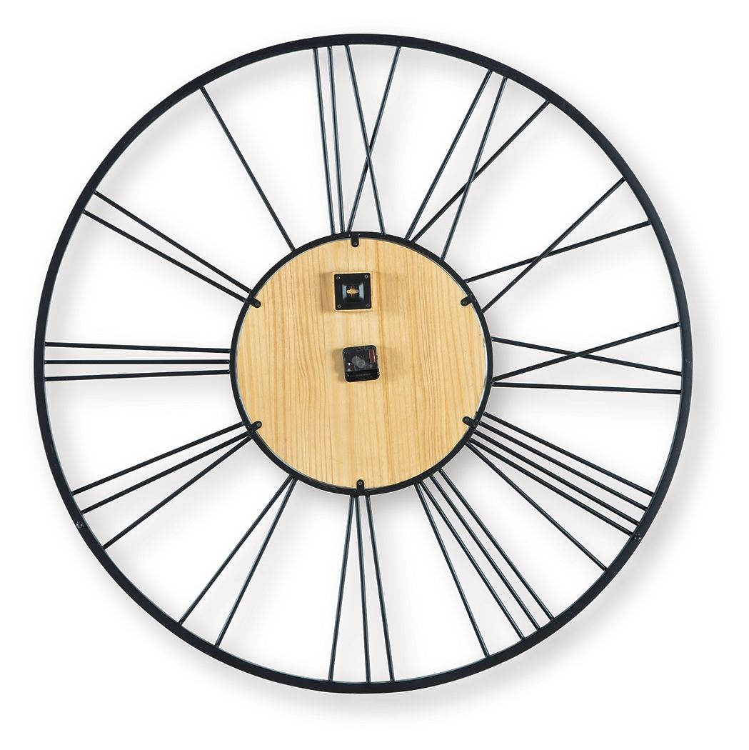 Round wall clock with wood face, black metal rim, and four black mounting pieces
