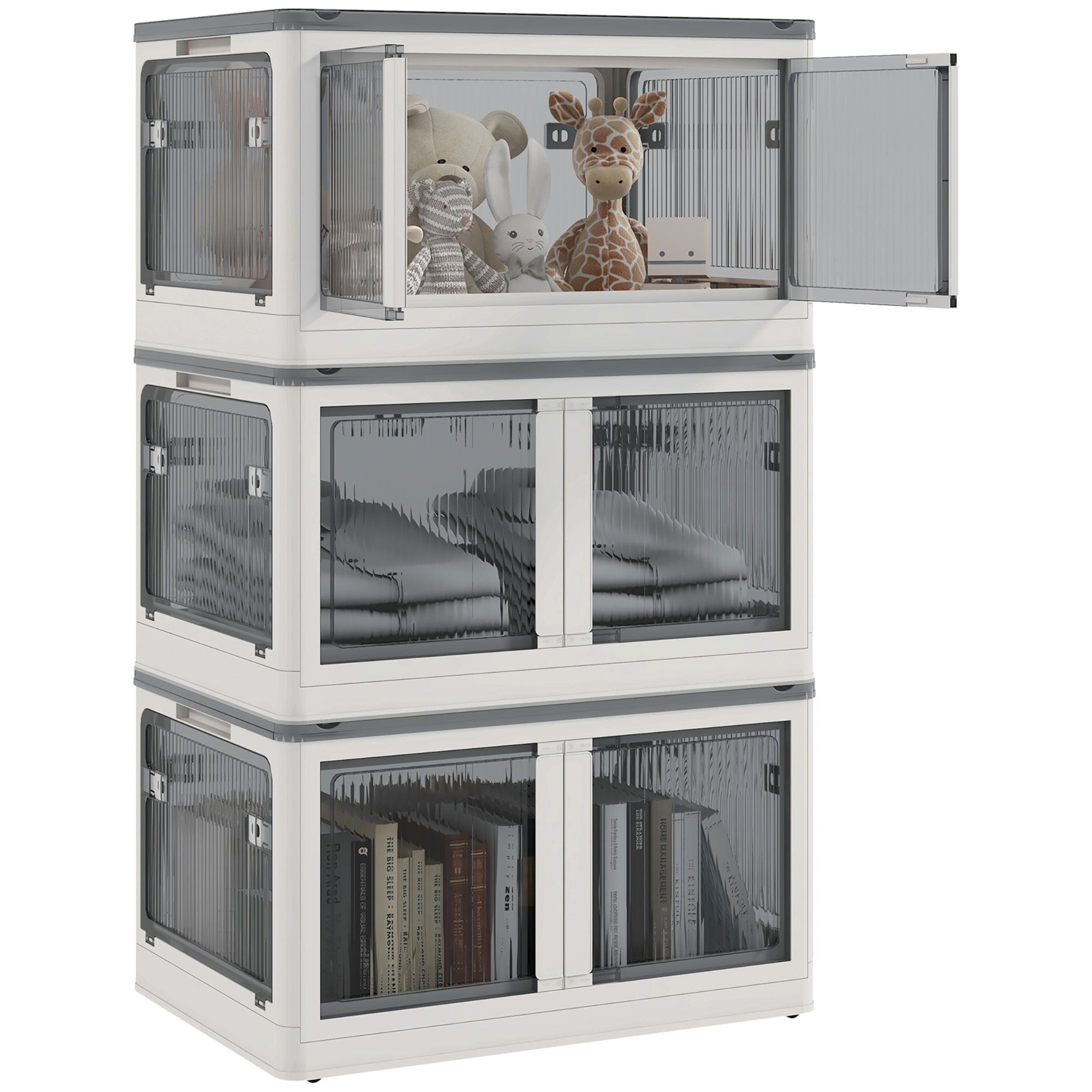 HOMCOM 3 Stackable Collapsible Storage Bins w/ Wheels, White