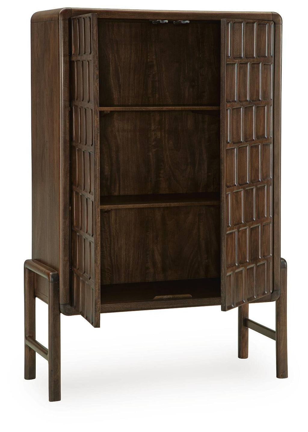 Brown accent cabinet with open interior shelf and paneled side frame, front view