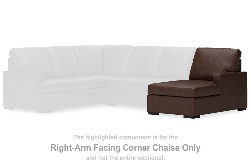 Brown right-arm corner chaise component with padded back and seat cushions, dark legs