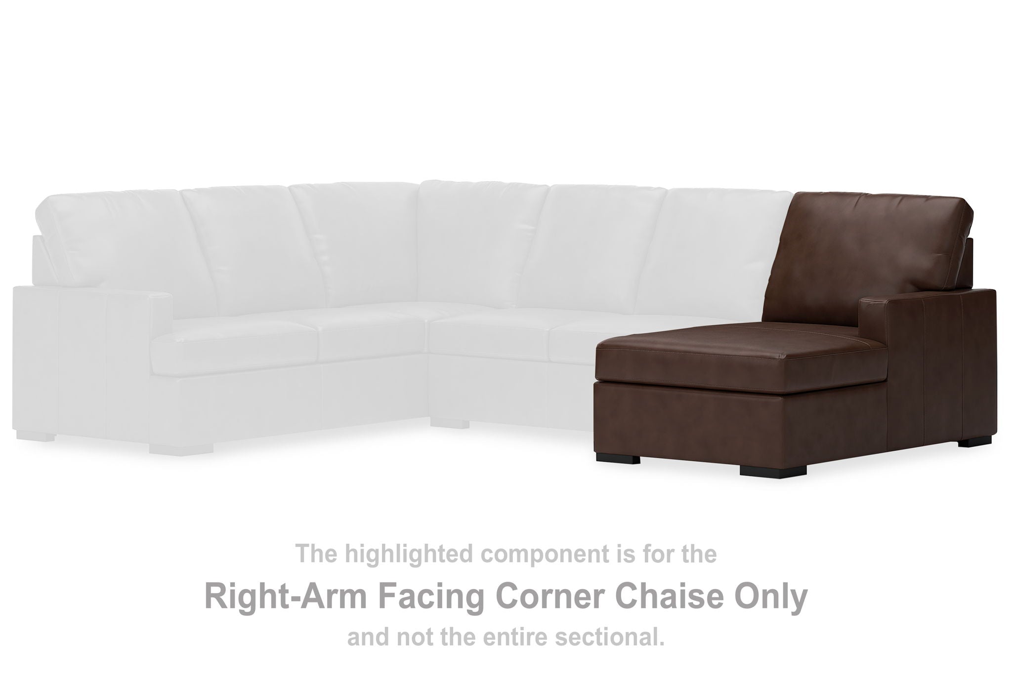 Brown right-arm corner chaise component with padded back and seat cushions, dark legs