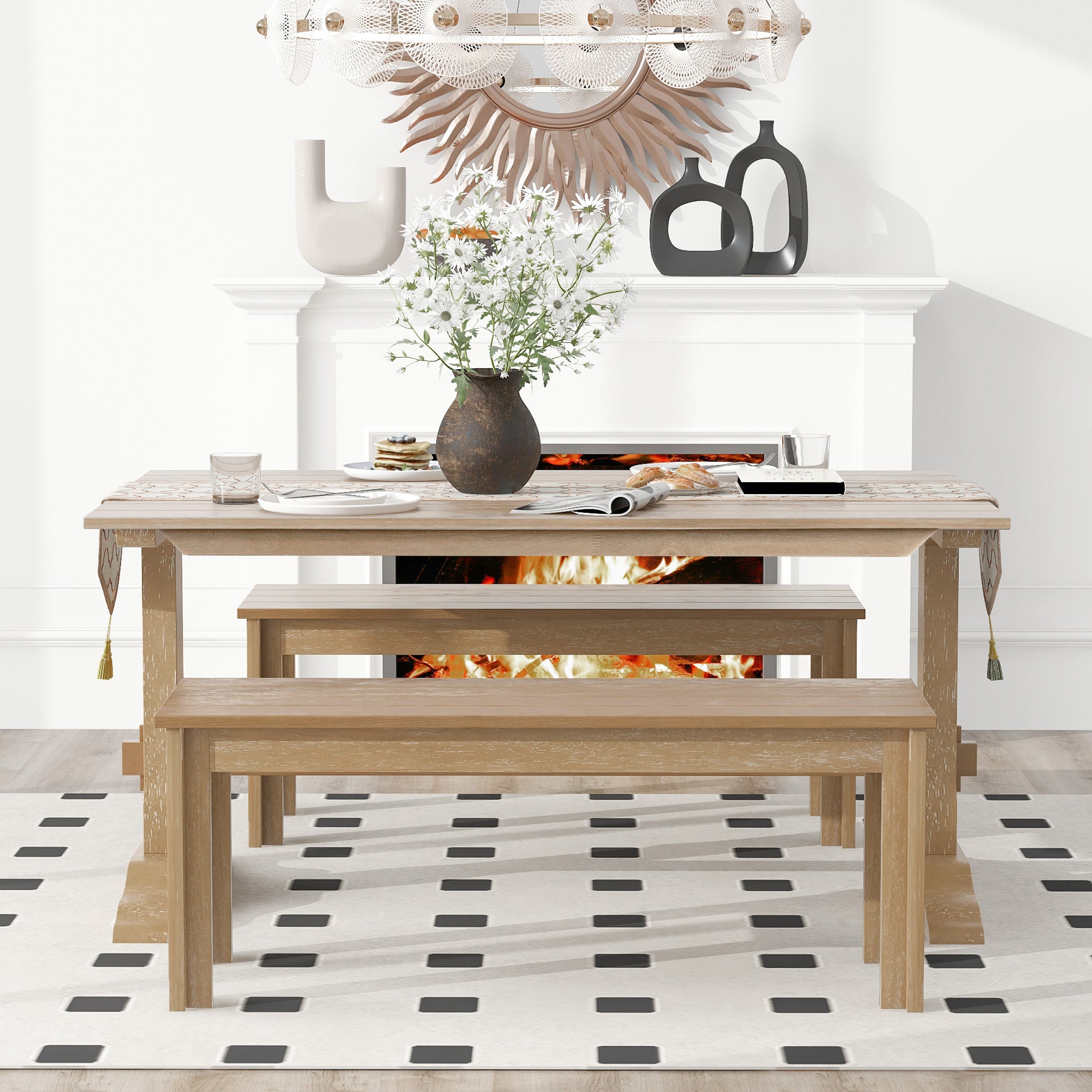 Retro 3-Piece Dining Set (Natural Wood)