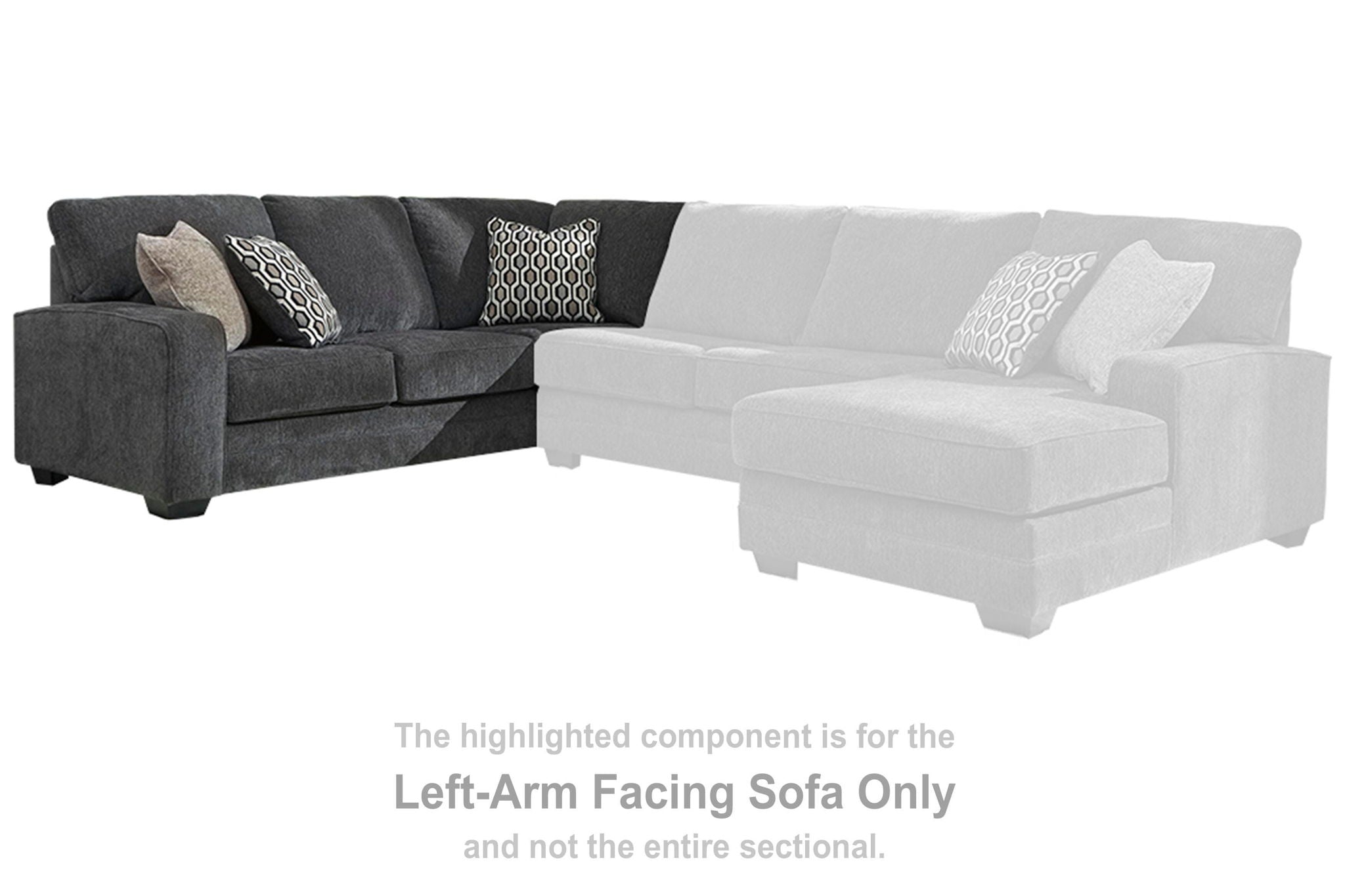Left-arm facing sectional sofa with corner wedge, dark gray and white upholstery, patterned pillows