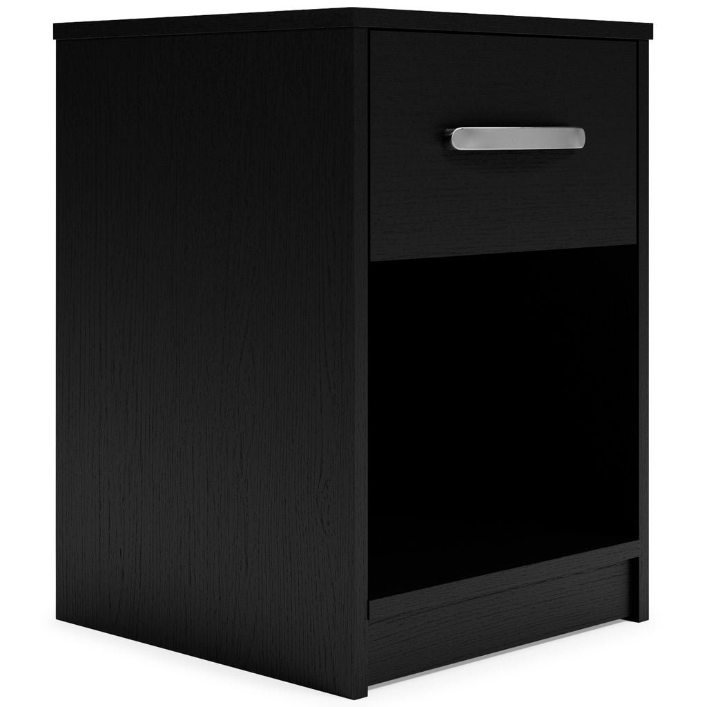 Black one-drawer night stand with metal pull and open lower shelf