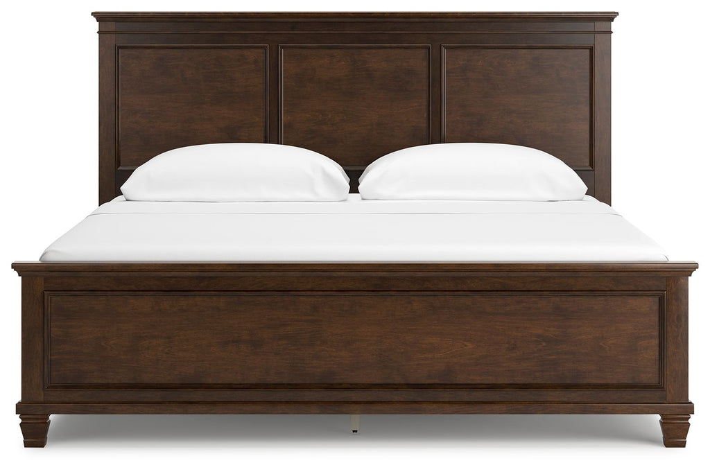 Dark brown panel bed with two drawers and three-panel headboard