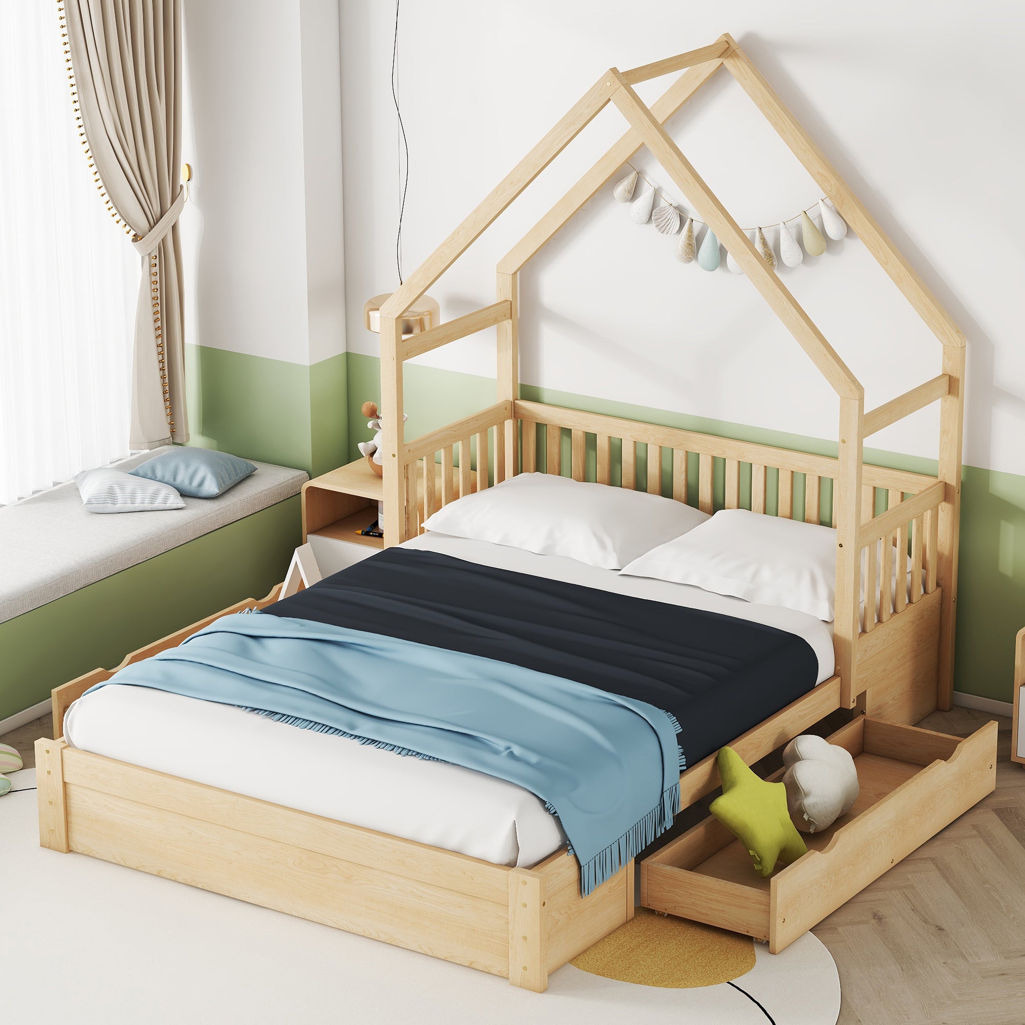 Queen Platform Bed w/Guardrail & Drawers