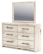 Light natural dresser with square mirror; six drawers and black bar handles