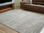 Gray area rug with textured grid pattern, laid flat