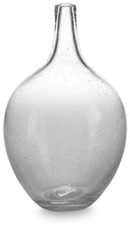 Glass vase with speckled clear finish and narrow neck, rounded bulb body.