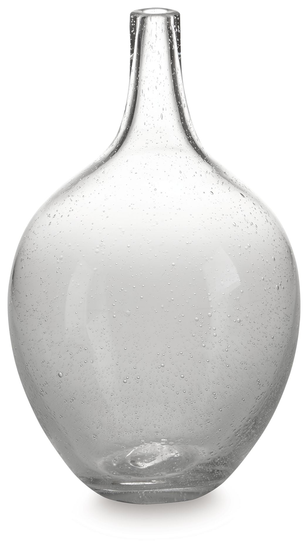 Glass vase with speckled clear finish and narrow neck, rounded bulb body.