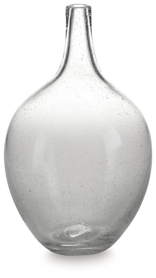 Glass vase with speckled clear finish and narrow neck, rounded bulb body.