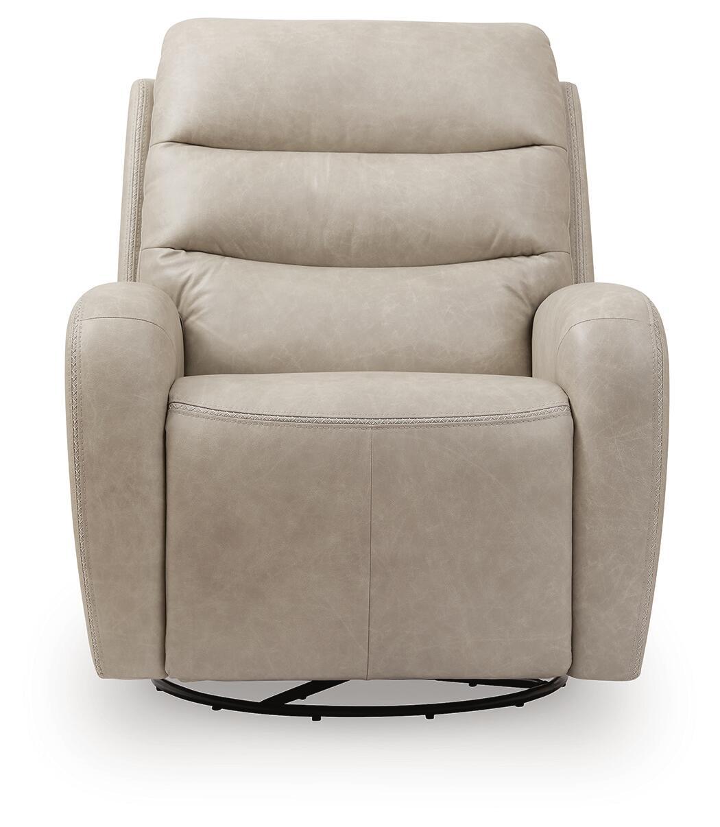 Power recliner swivel glider chair front view, light beige fabric with round armrests