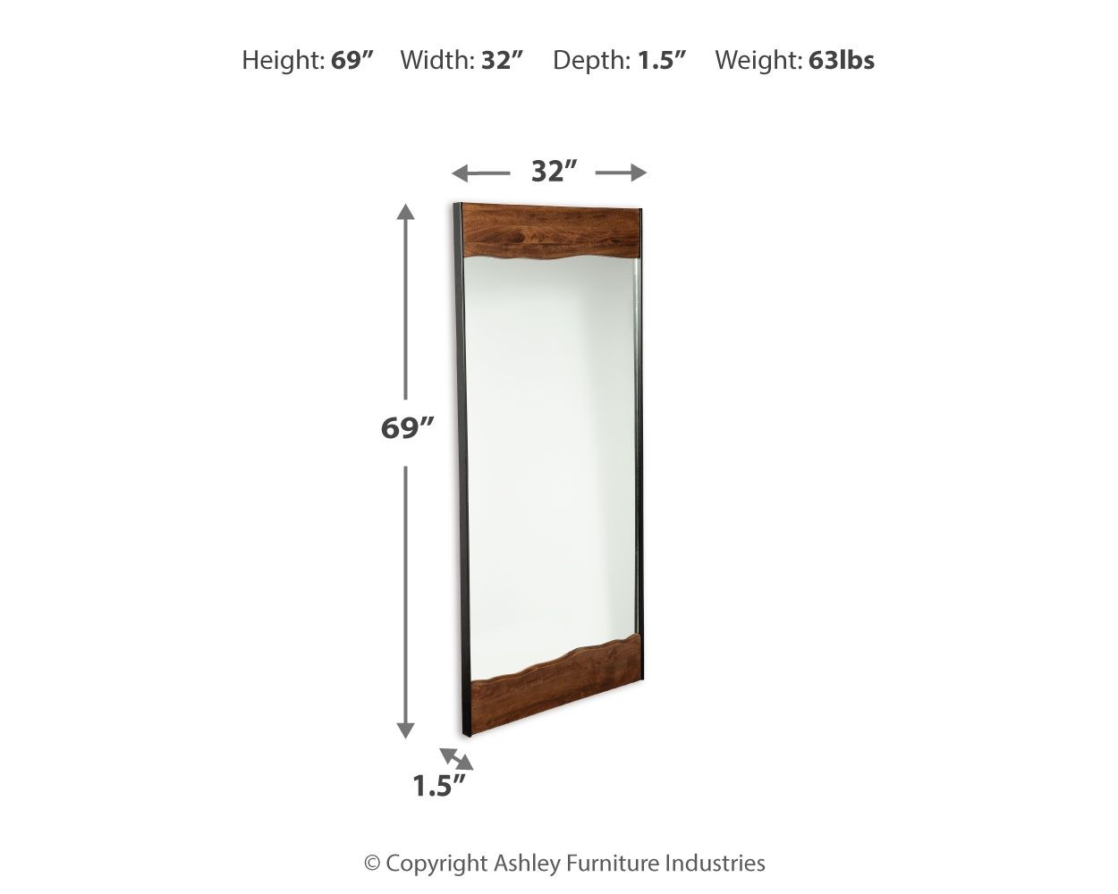 Floor mirror with rectangular brown wood frame and dark black edges