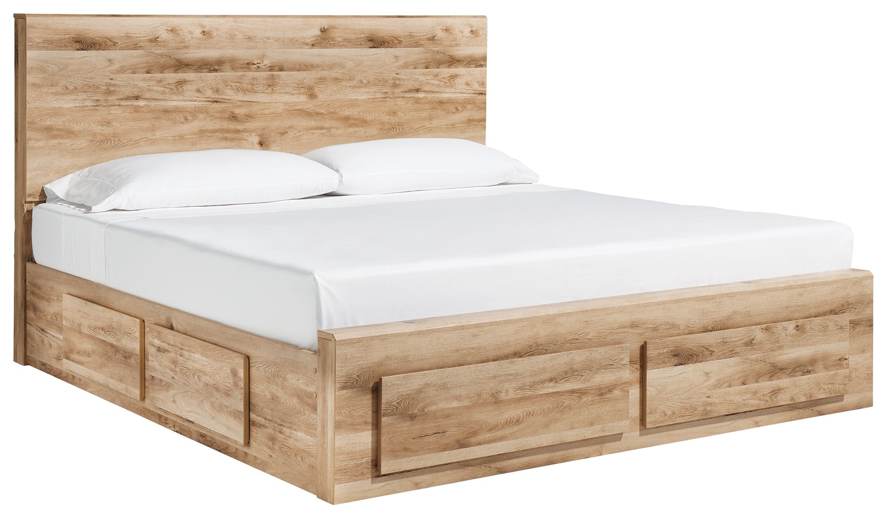 Beige storage bed with three front drawer panels and white mattress