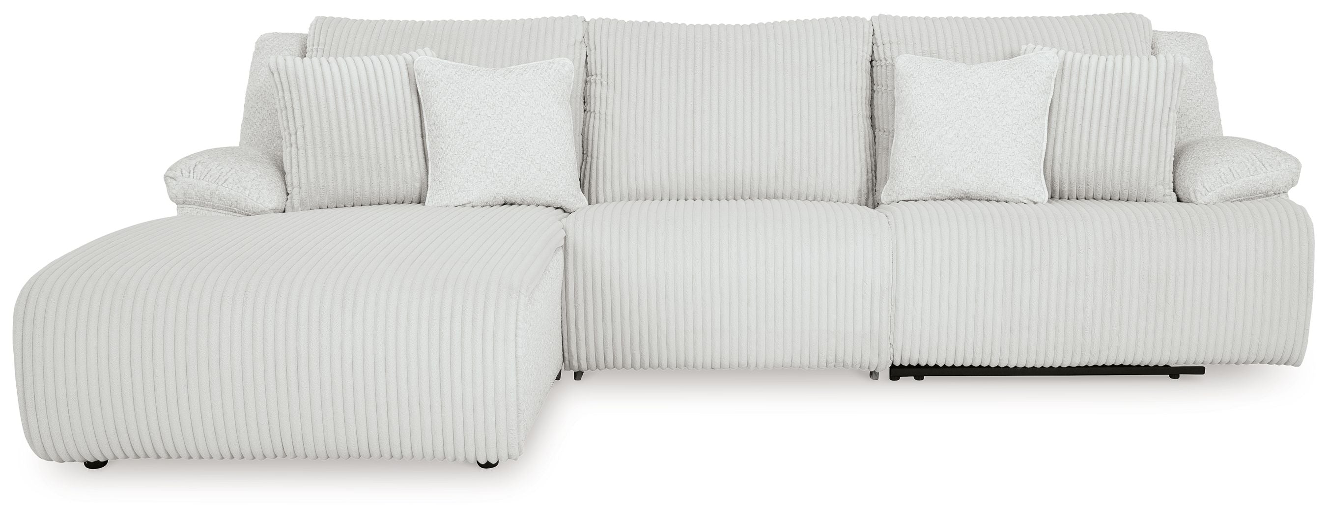Light reclining sectional sofa with chaise-style seat and striped back pillows